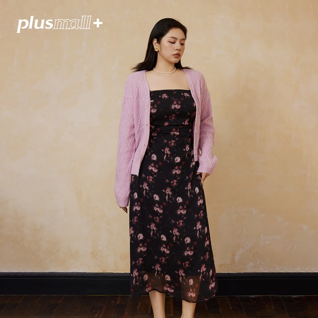 PLUSMALL 夜莺与玫瑰 雪纺印花荡领吊带裙开衫两件套PM2412026