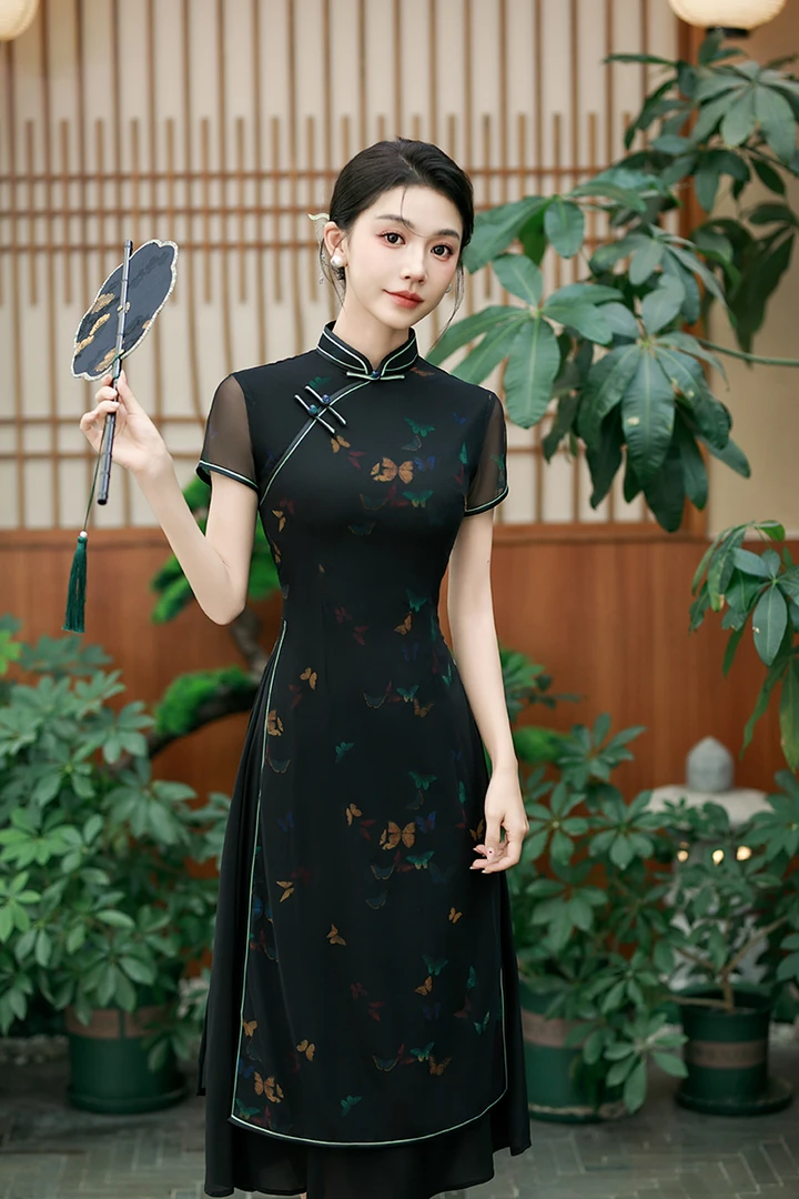 奥黛改良长款旗袍中式2025年夏季日常新款年轻气质款连衣裙遮肉