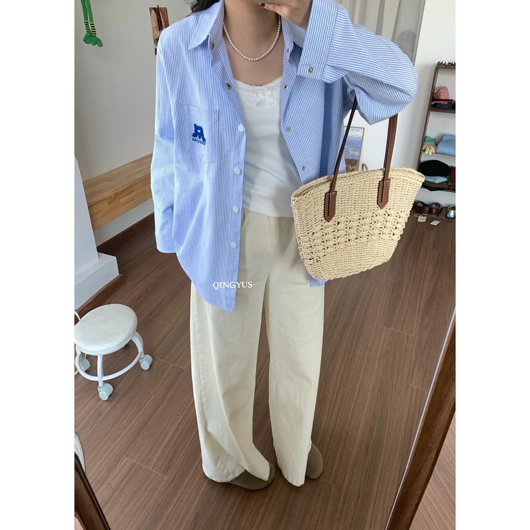 QINGYUS-气质条纹衬衫纽扣正肩翻领微胖显瘦大码女装长袖气质春季