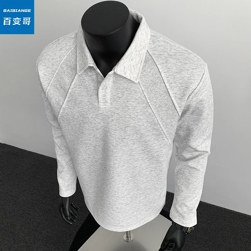 美式解构Polo衫男春秋季翻领拼接长袖T恤潮牌宽松简约重磅打底衫