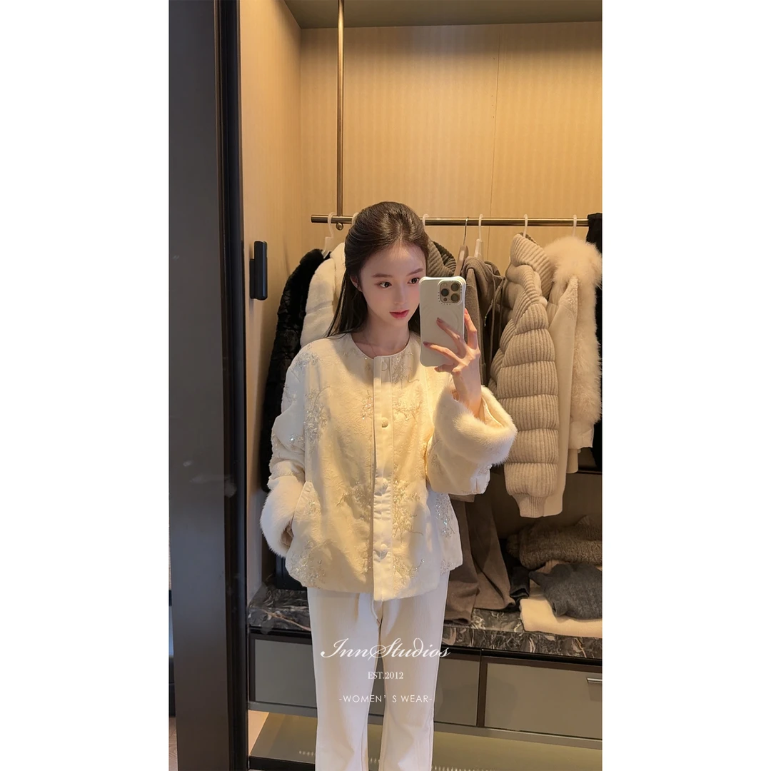 Innstudios 新中式重工刺绣钉珠水貂毛毛袖国风鹅绒服外套