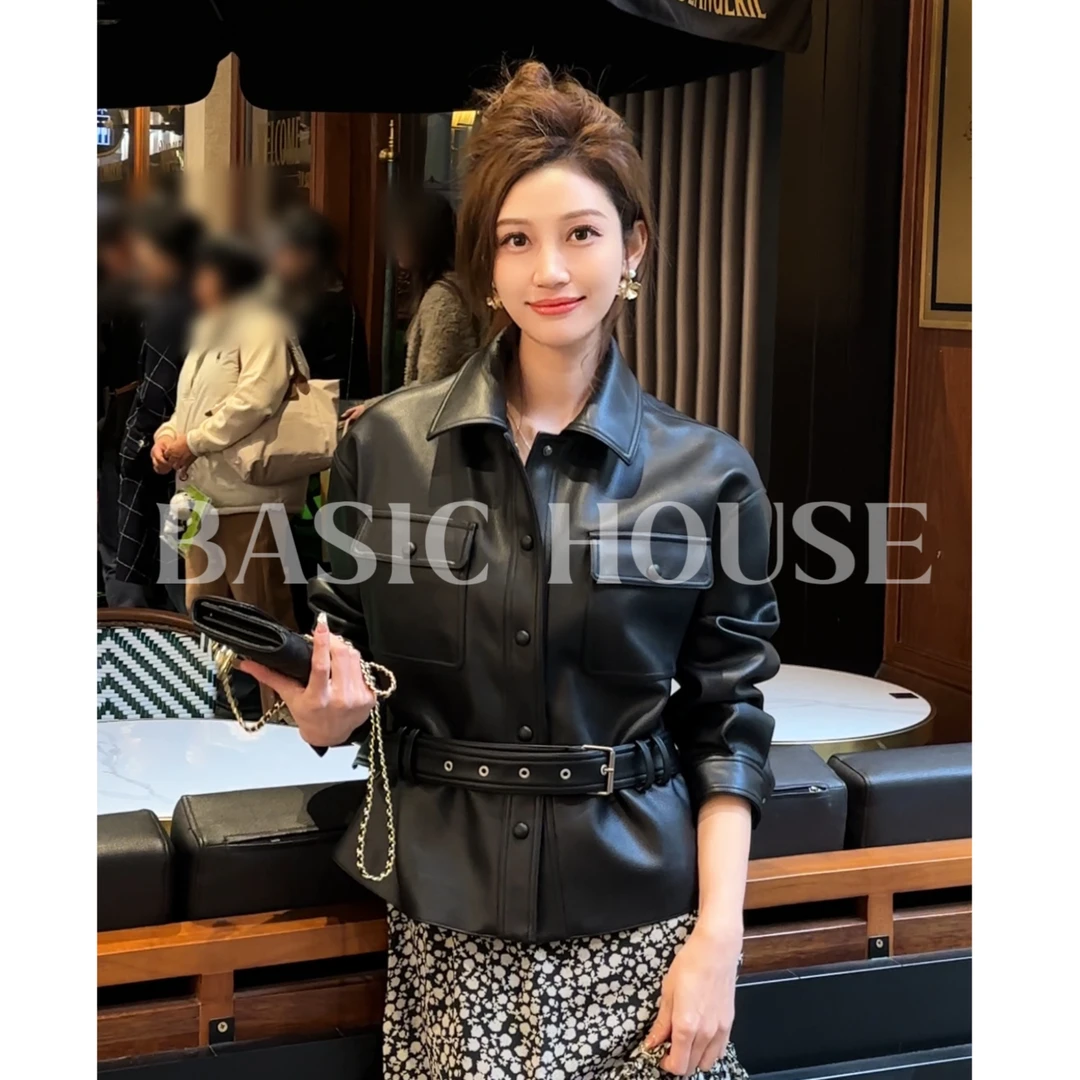 Basic House/百家好2025春季夏季极简纯色显瘦设计皮衣女
