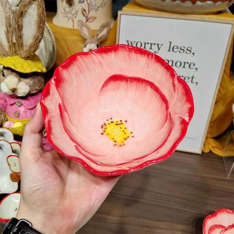 手绘玫瑰系列花瓣6英寸花朵面碗釉下彩陶瓷餐具轻奢端好看漂亮
