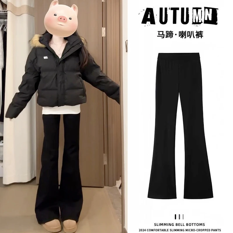 黑色微喇叭裤女2025春季高腰小个子大码修身显瘦马蹄西装喇叭裤