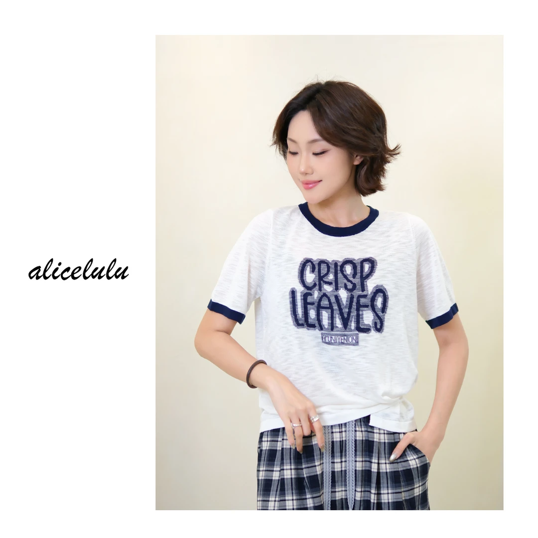 [alicelulu] 新款撞色字母印花圆领短袖显瘦正肩T恤 S1034933T