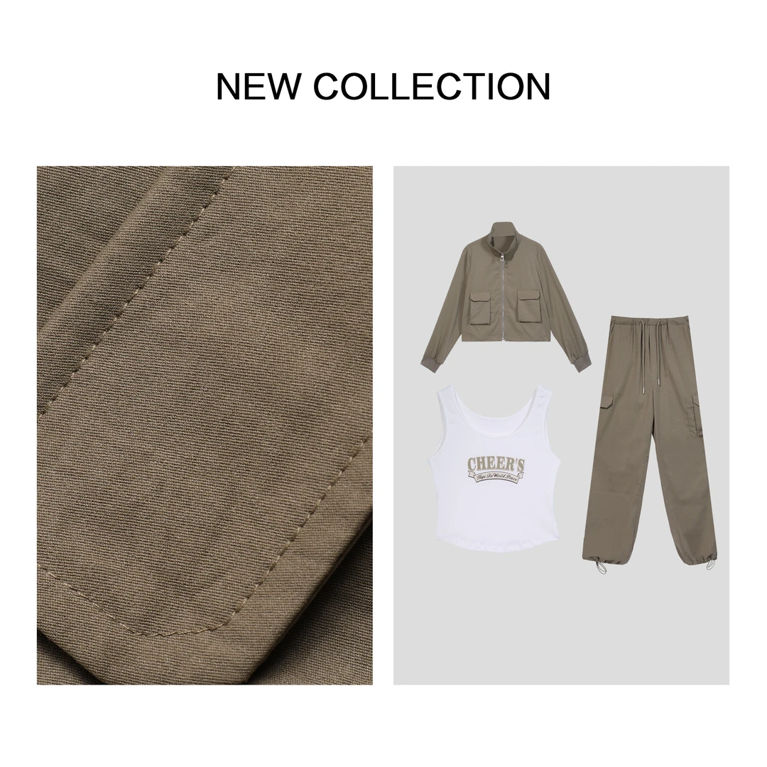 【洛美美专属】D3F39036B 气质白色背心+绿色外套+工装裤三件套