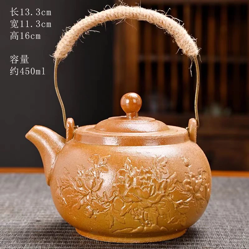 玲珑 粗陶牡丹提梁壶围炉煮茶-2104