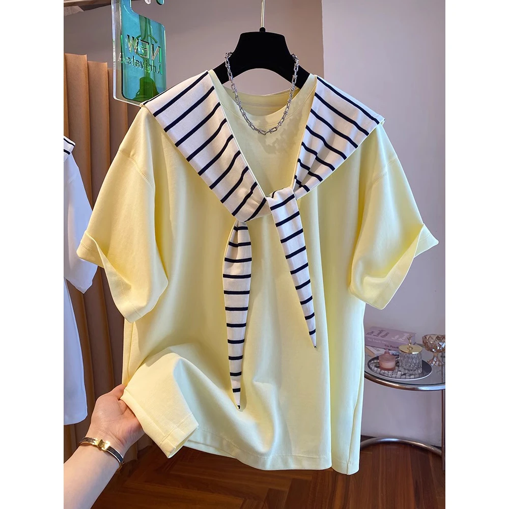 胖mm240斤大码条纹披肩黄色t恤女短袖夏季新款宽松连帽两件套上衣