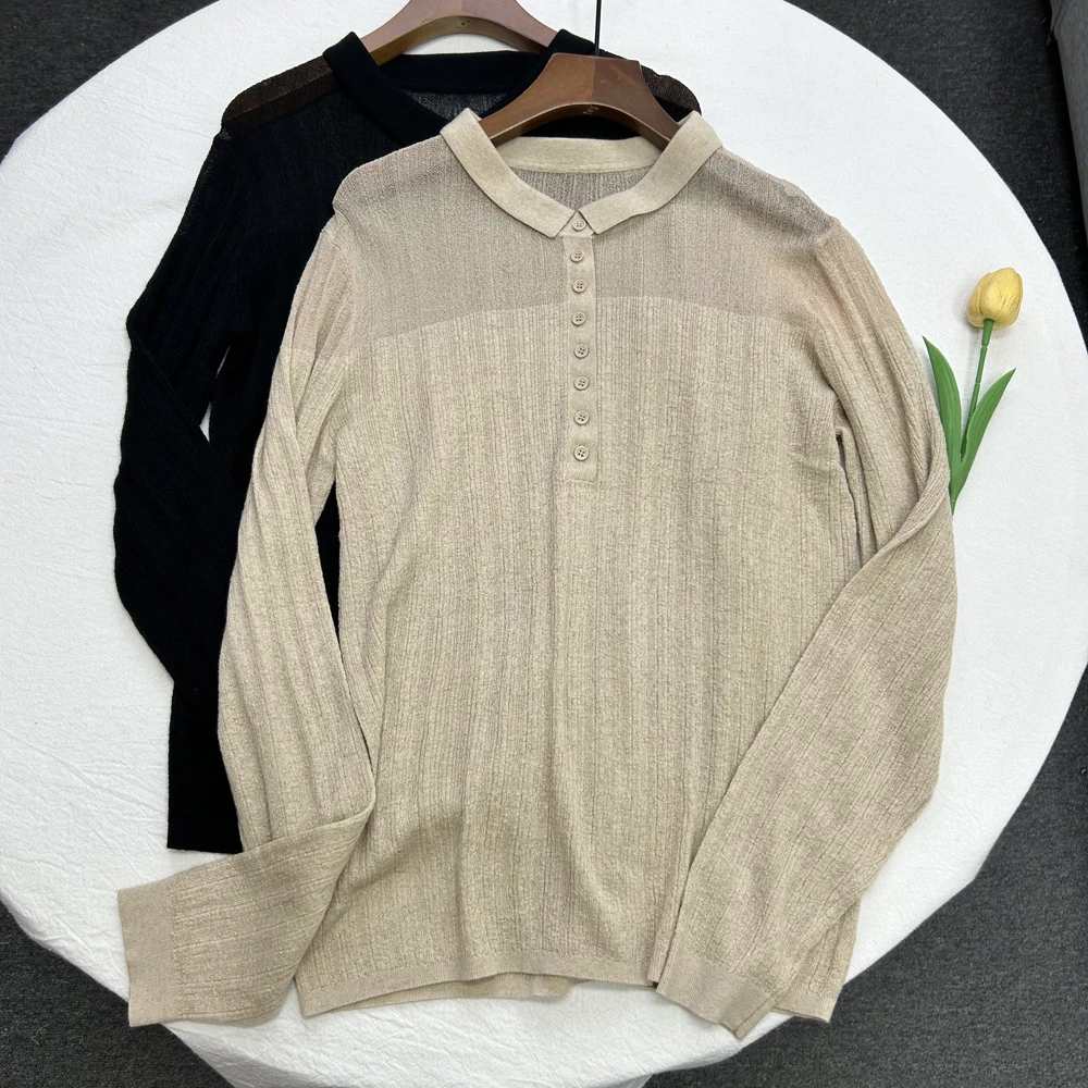 春夏新款 羊毛桑蚕丝  长袖针织衫舒适小翻领长袖开衫