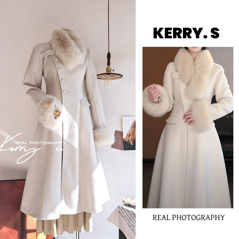 乖乖大小姐 千金风大毛领毛呢大衣长款收腰保暖外套温柔气质穿搭