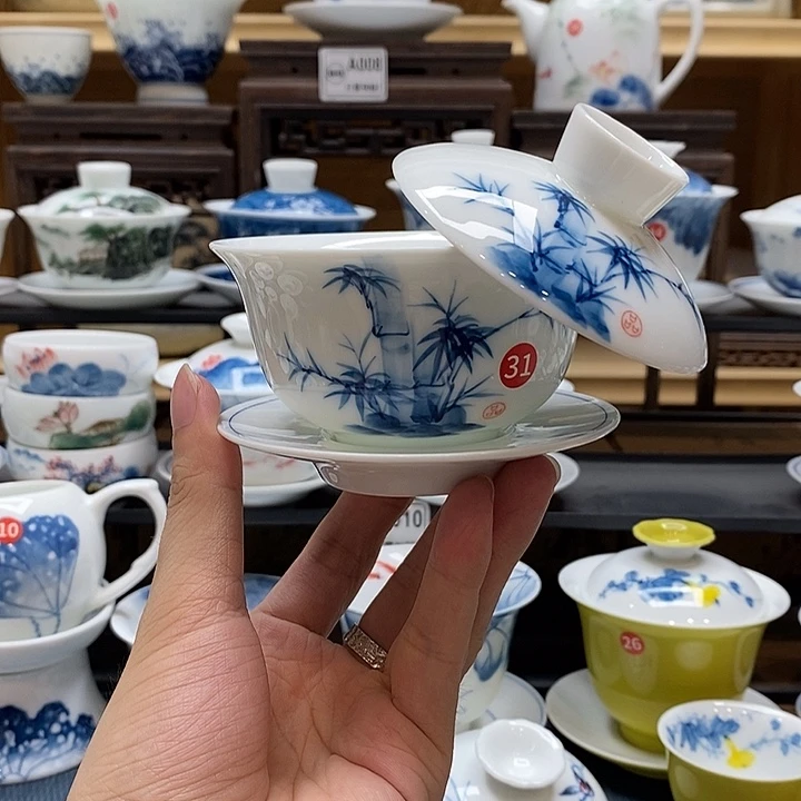 手绘竹子悬停盖碗150cc釉下彩微瑕福利款