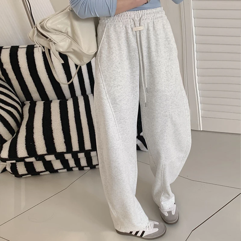 松紧高腰皮标弯刀裤女2025春夏新品宽松百搭显瘦中线休闲阔腿裤潮