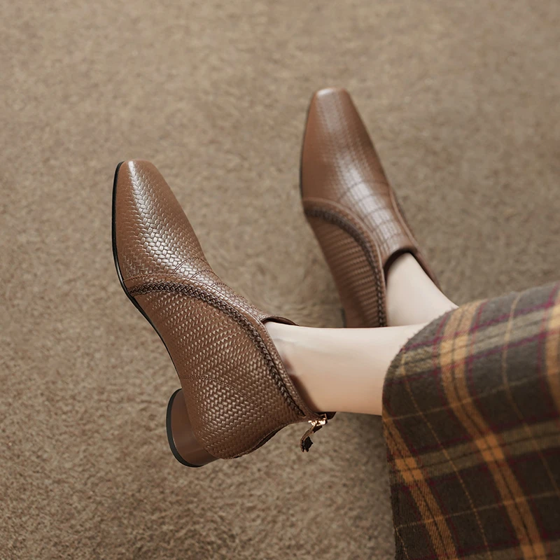 3cm/羊皮/时尚真皮粗跟短靴女秋新款编织风方头后拉链短筒马丁靴