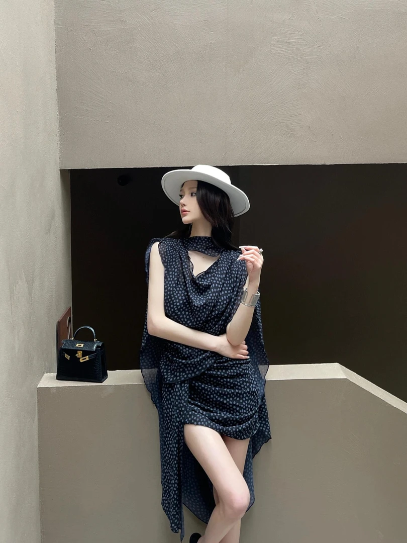 2025夏季爆款重要场合设计感裙子气质法式黑色波点假两件连衣裙女