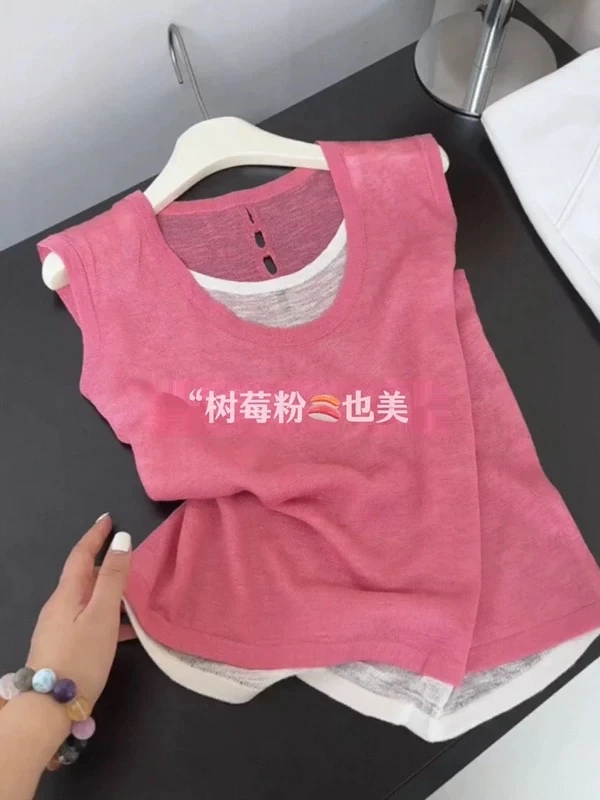 韩系假两件拼接无袖背心女夏季新款设计感小众后背镂空显瘦小上衣