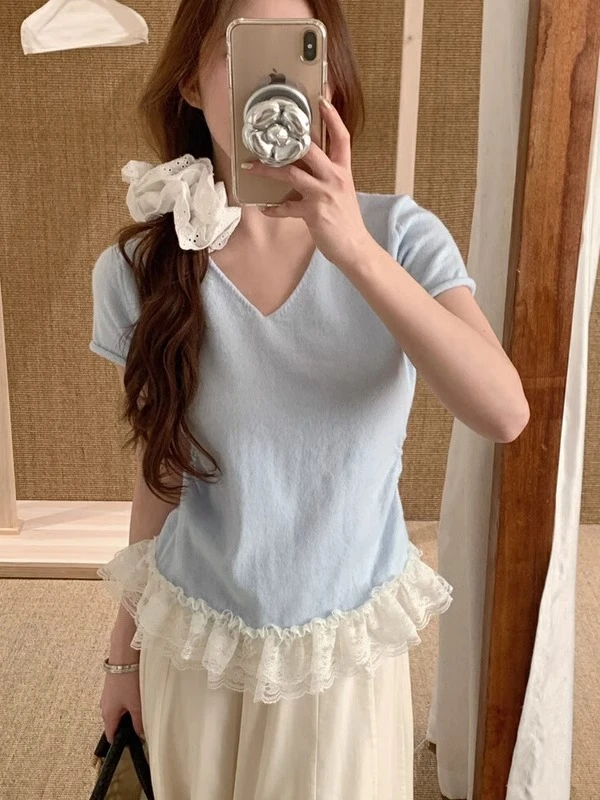 夏季v领短袖T恤女正肩蕾丝花边裙摆小衫短款chic韩系上衣I4-28