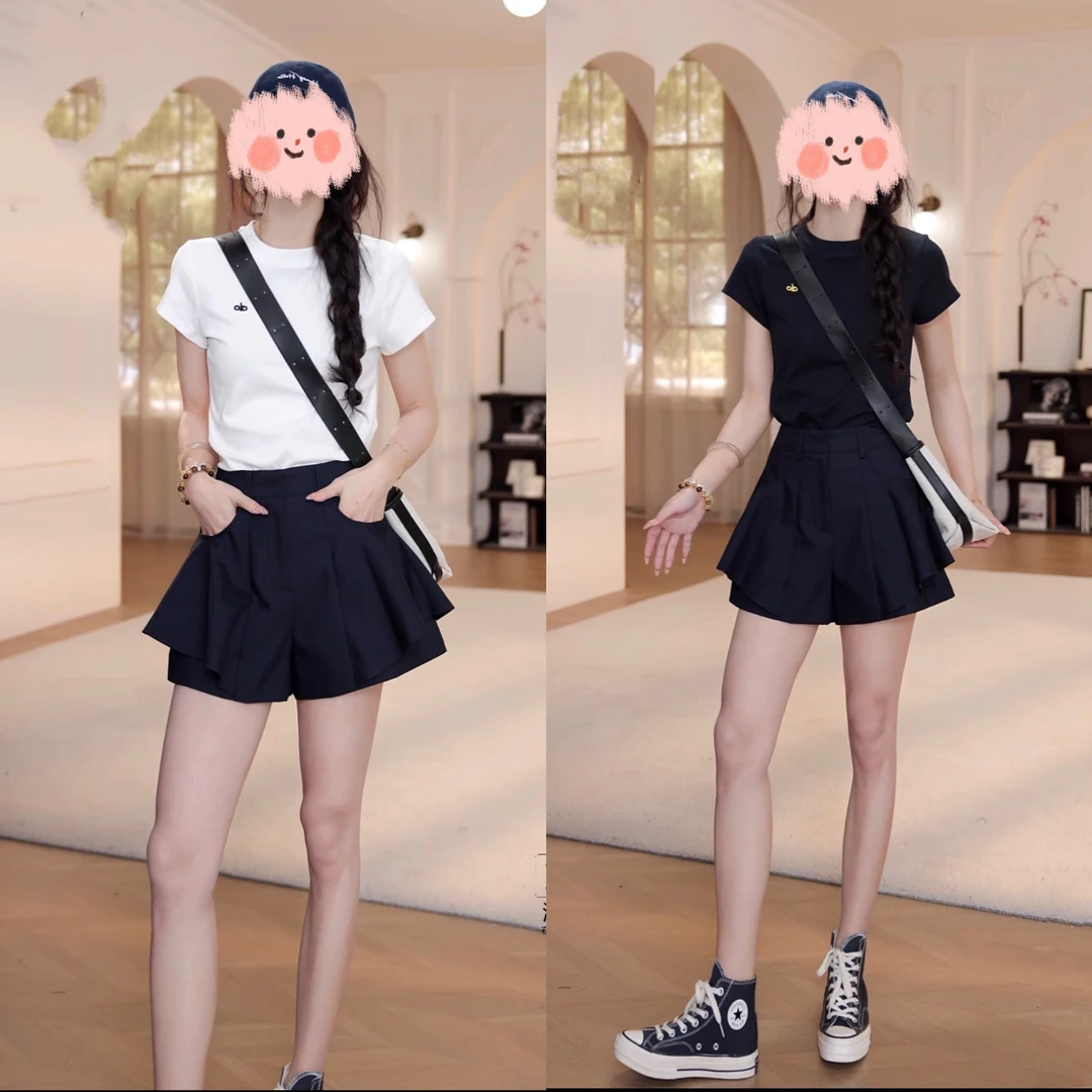 夏季纯色百搭短袖显瘦减龄花边裙裤套装