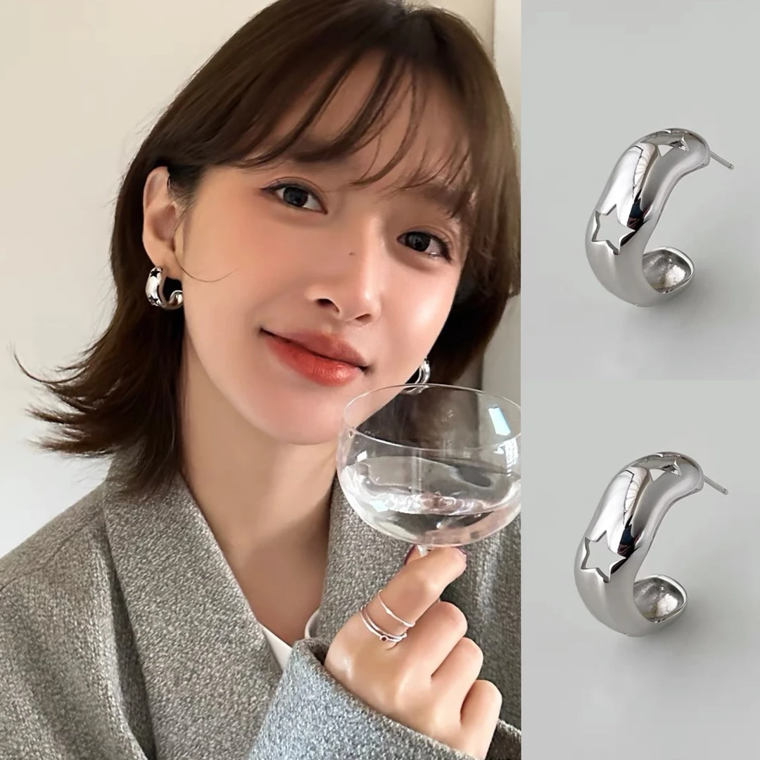 铜合金耳饰 925银针五角星C圈耳环女小众设计感高级耳钉耳饰