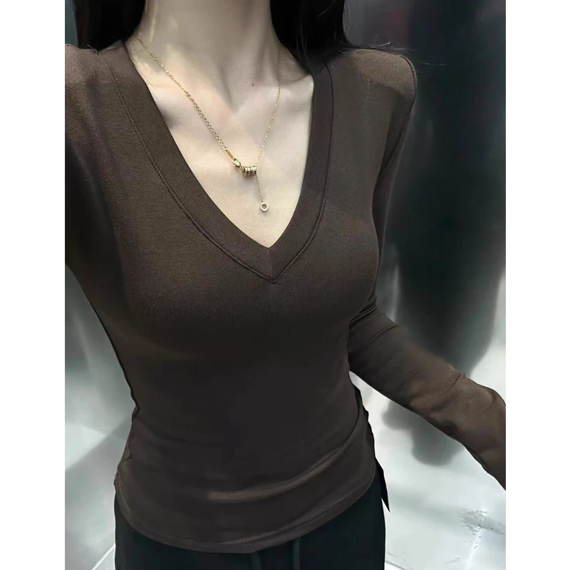 修身低V领打底衫女秋冬2025新款正肩纯欲藏蓝内搭显身材长袖上衣