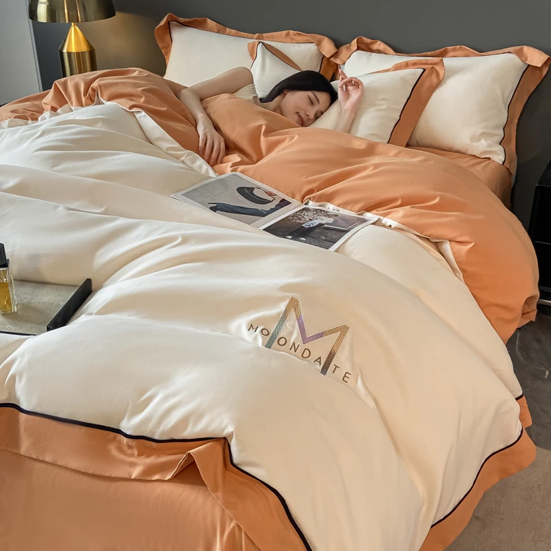 富安娜床品高档全棉四件套简约风刺绣花被套纯棉床单床笠款纯色床