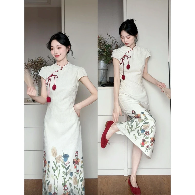 新中式气质印花修身显瘦旗袍日常连衣裙女夏季新款国风长裙子