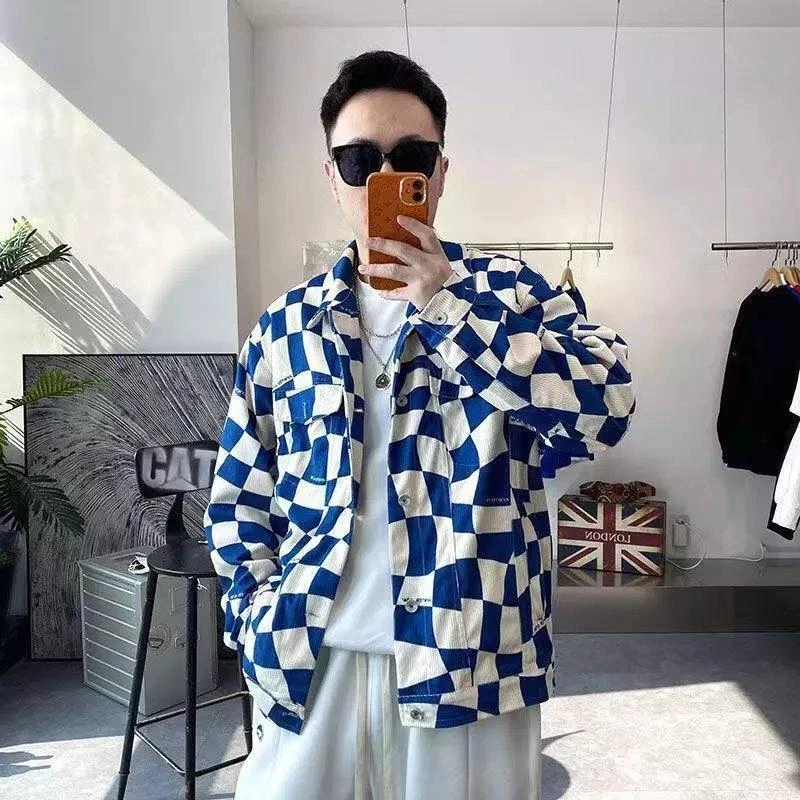 美式高街棋盘格外套男潮流嘻哈街头工装上衣ins潮牌日系复古夹克