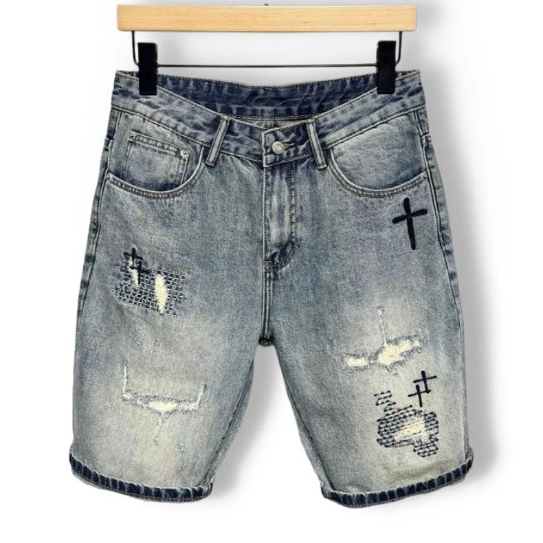夏季美式休闲痞帅复古做旧刮烂刺绣牛仔短裤男宽松百搭五分裤子潮