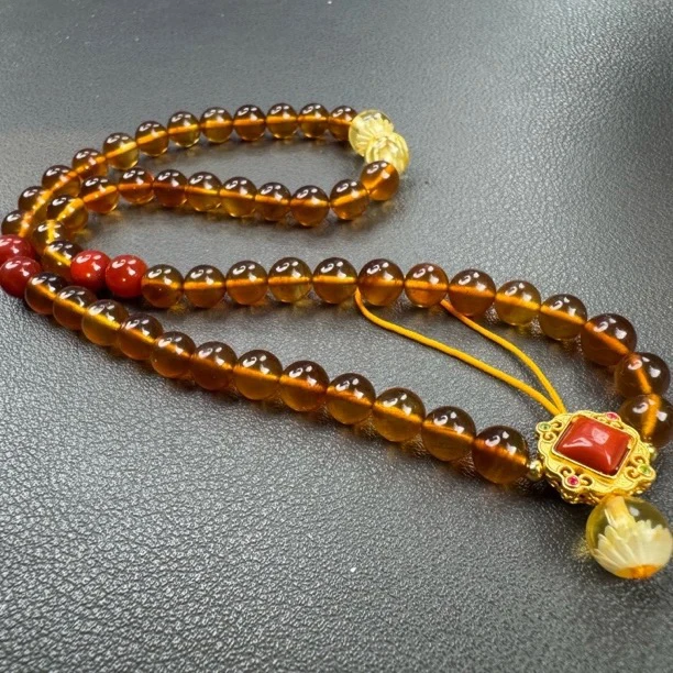 天然珠宝-6+缅甸灵草珀紫罗兰圆珠手机链长款轻奢时尚茶珀素珠珠