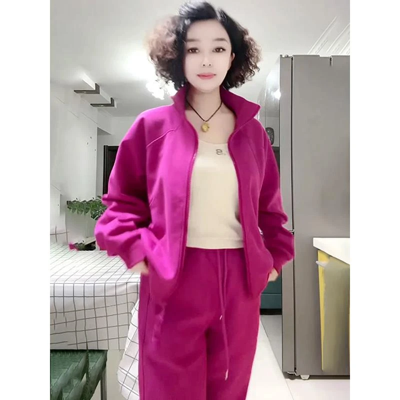 早春时尚新款休闲运动套装经典纯色立领上衣高腰显瘦哈伦裤两件套