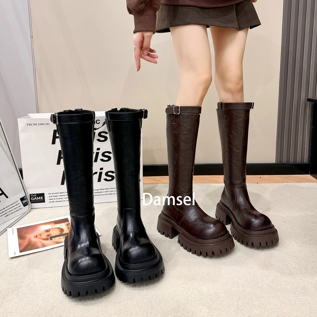 XK加棉长筒靴女2024秋冬高筒靴粗跟增高显瘦不过膝骑士靴潮K333