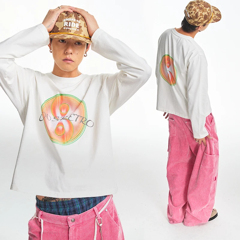 CoosRetro《音浪太极》水洗做旧太极幻彩logo印花T恤长袖纯棉上衣