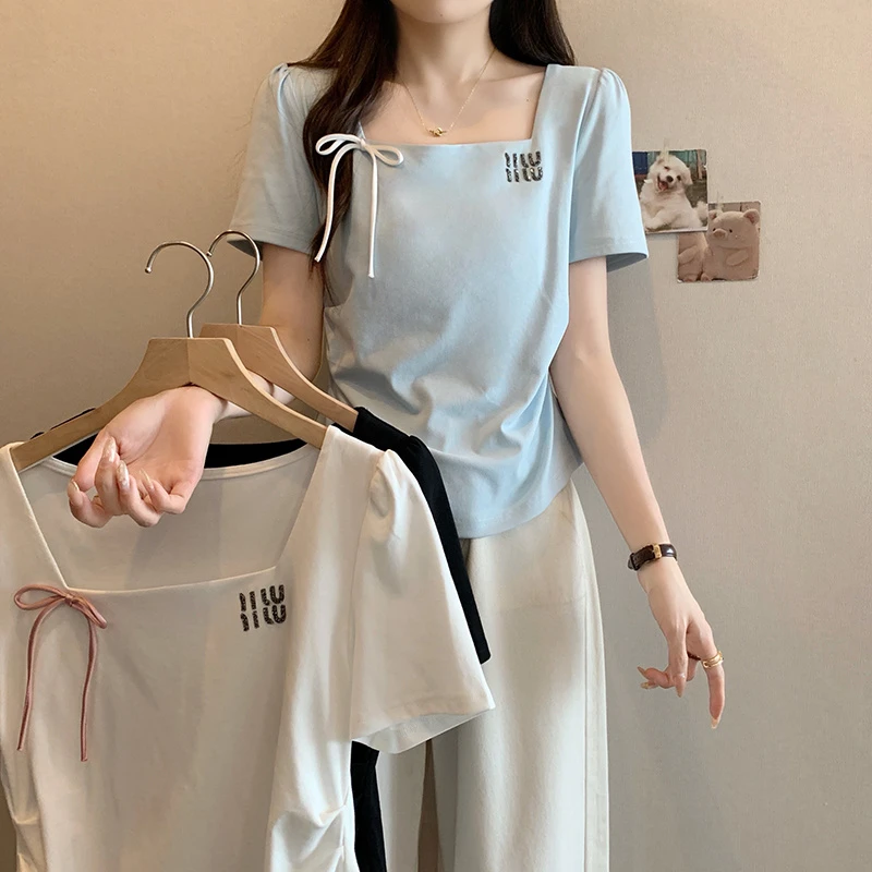 2025年夏装新款胖mm大码女纯欲字母重工镶钻方领百搭显瘦短袖T恤