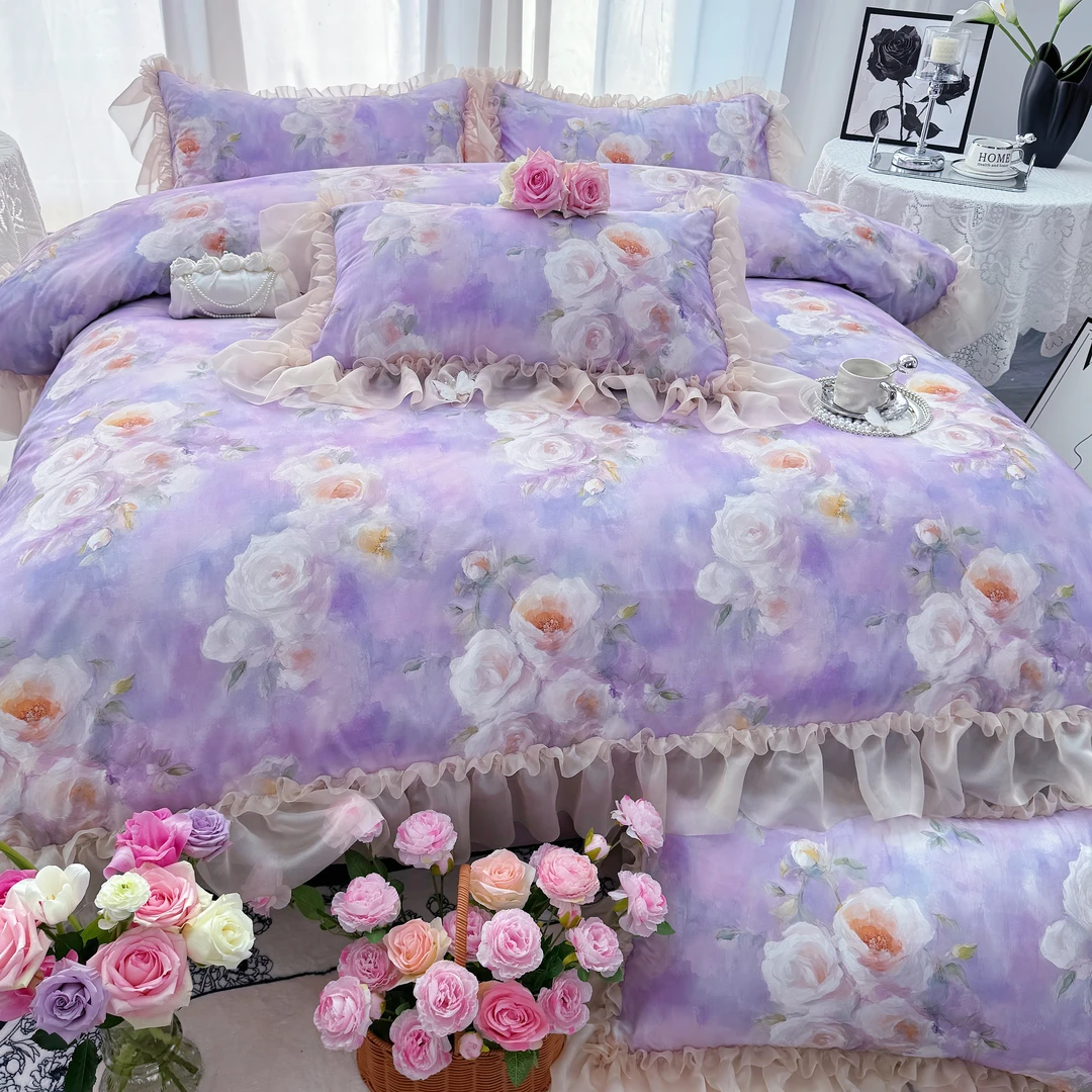 花边款法式纯棉四件套A类全棉100长绒棉双人花卉高档被套床品套件