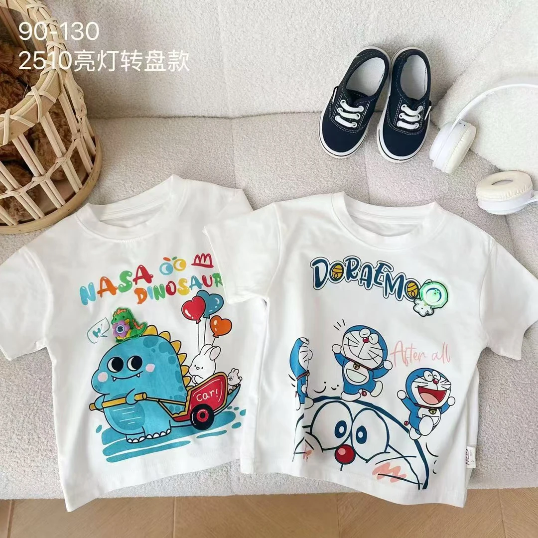 儿童造型亮灯卡通印花纯棉短袖T恤上衣（实物以直播间讲解为准）