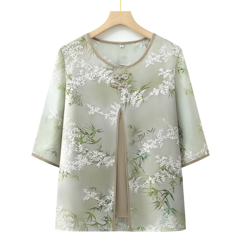 中年妇女妈妈夏装老年奶奶装薄款假两件T恤中老年夏季新中式小衫