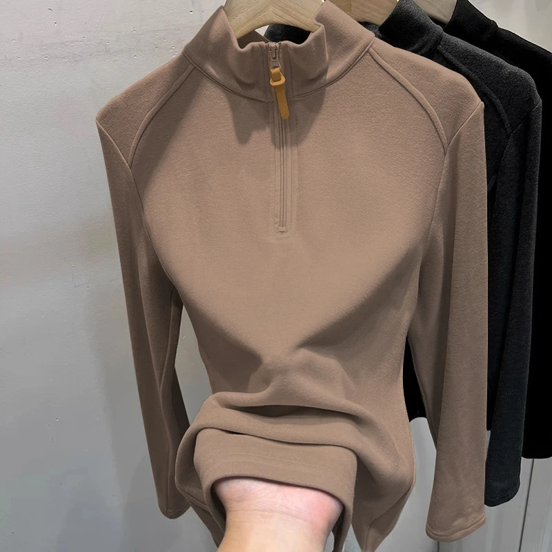 2025秋冬新款爆款德绒立领拉链保暖半高领时尚显瘦百搭长袖打底衫