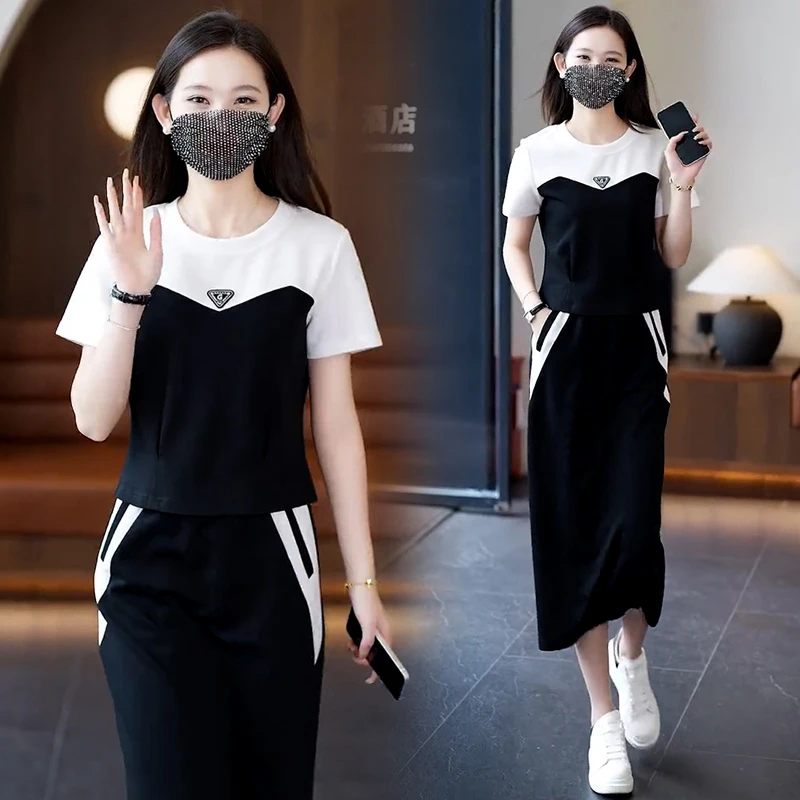 高含棉时尚套装女2025年夏季新款洋气小个子短袖高腰半身裙两件套