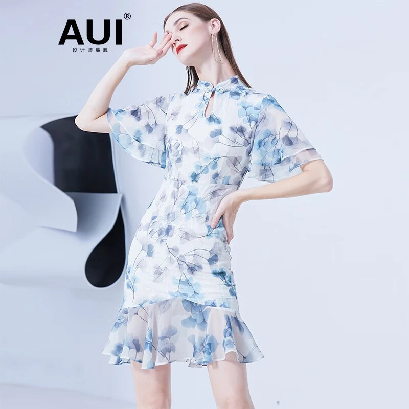 【媛媛女王专享】AUI旗袍改良版连衣裙立领雪纺荷叶边裙-21G018692