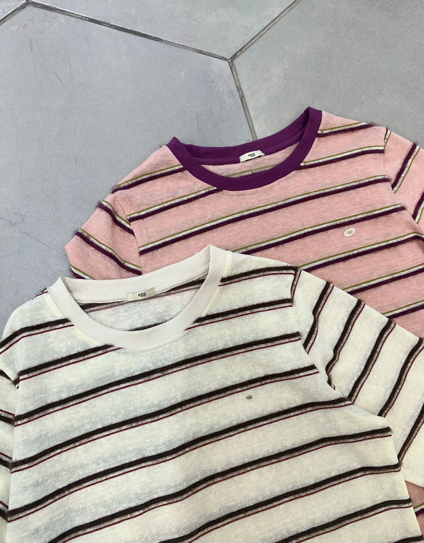 089【冬季新款】复古条纹撞色马海毛设计感小标宽松T恤（9123）