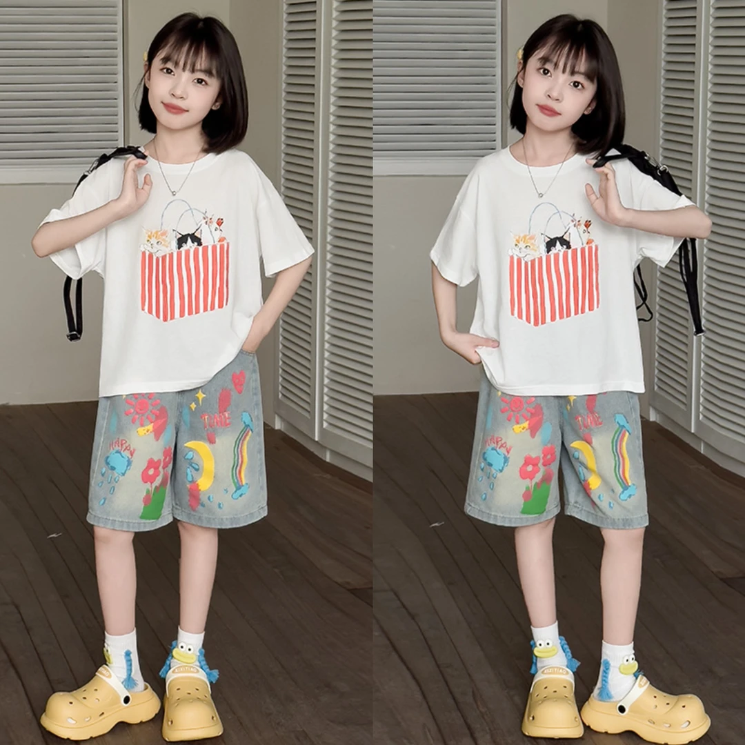 薄款卡通女童套装夏季女孩休闲风套装宽松童装夏季多巴胺穿搭KBQN