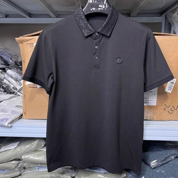8687撤柜H剪标polo黑色烫钻蝴蝶标透气纯色商务休闲短袖男