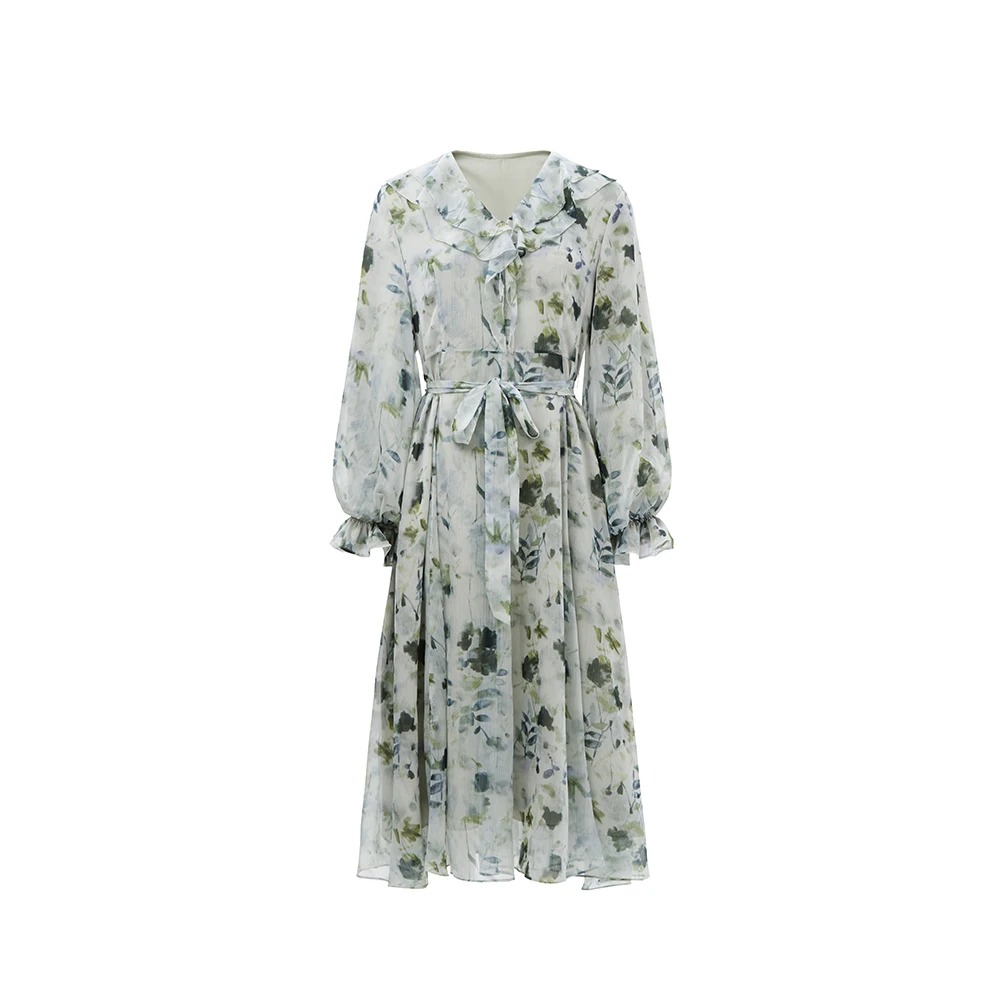 圣迪奥女装V领休闲百搭碎花拼接时尚法式连衣裙S243Z1254