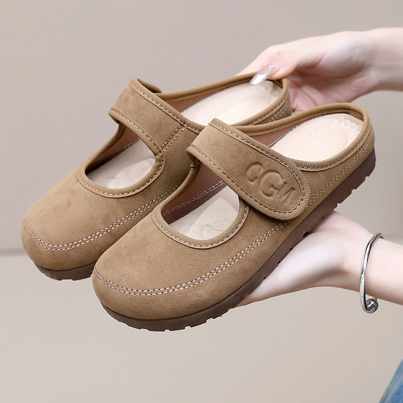 复古森系文艺一字带珍肯鞋2025年新款魔术贴包头拖鞋防滑软底单鞋