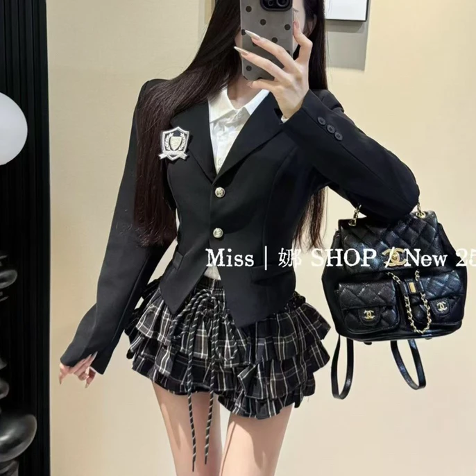 韩系学院风套装女甜辣妹气质西装外套＋格纹半身裙+衬衫两件套