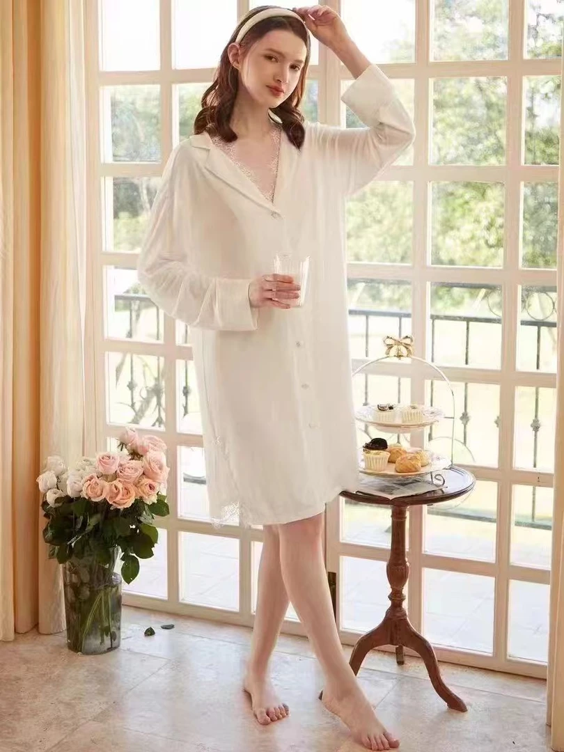 【阿亮暖心家居服】22260成人秋季长袖中裙女翻领性感睡裙中长款