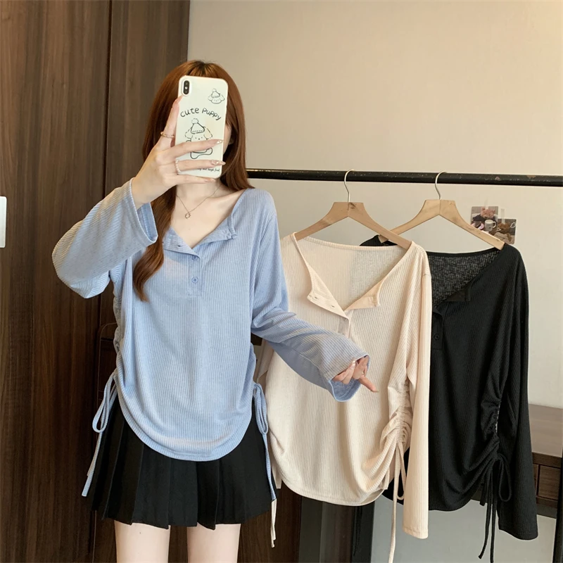 大码女装2025春季新款时尚抽绳设计感长袖上衣1713