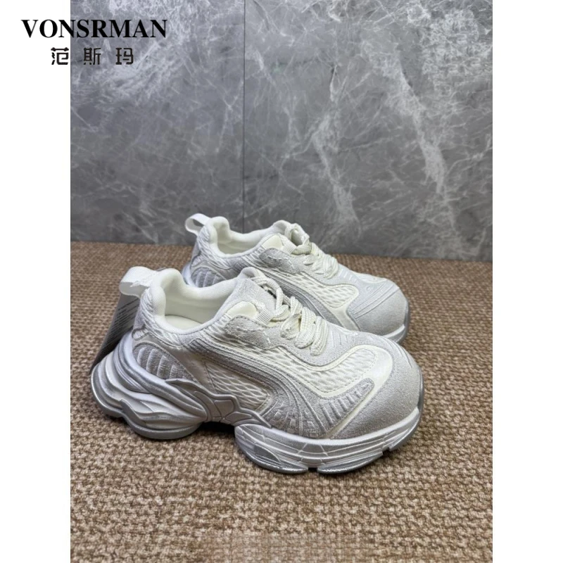 秋季女鞋4厘米厚底网面高端老爹鞋透气运动休闲鞋子高跟系带单鞋