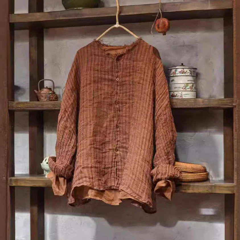 复古外套高品质稀疏条纹色织砂洗毛边亚麻外套长袖休闲宽松麻衫