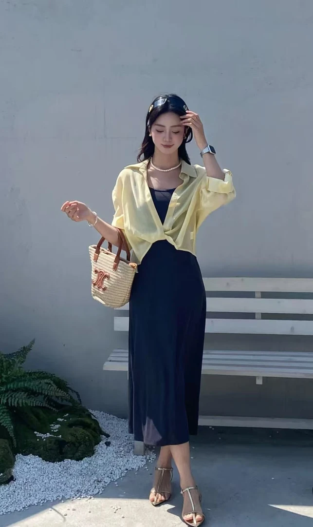 气质防晒长袖衬衫吊带裙两件套显瘦设计感套装#YB25823