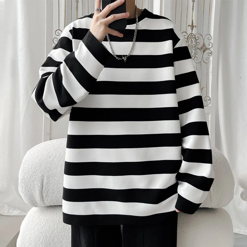 复古春季男士潮流美式新款条纹撞色圆领日常宽松百搭休闲长袖T恤